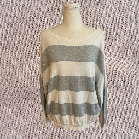 Liz Claiborne white silver striped Knit sweater Pull on size LG cotton metallic - Picture 2 of 13